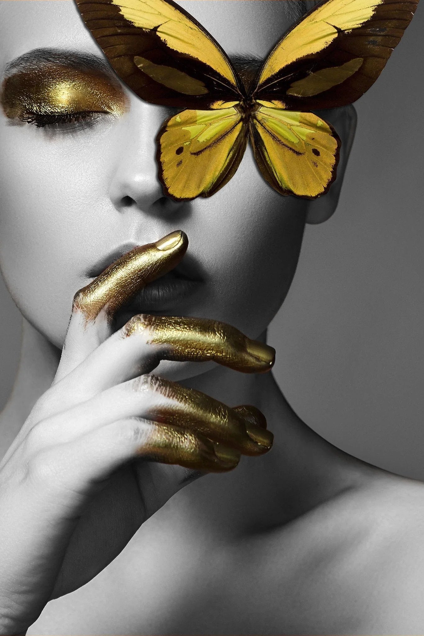 Yellow Butterfly Womans Face Glass Wall Art