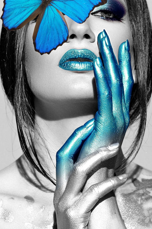 Blue Butterfly on Woman Glass Wall Art